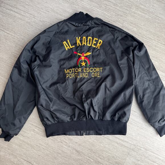 West Ark Other - Vintage Al Kader Shriners Fraternity Jacket Satin Black Snap Bomber L Portland